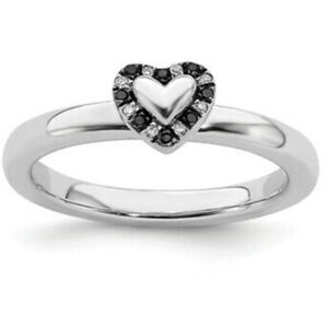 Sterling Silver Rhodium Plated Black & White Diamond Stackable Heart Ring Sz 10